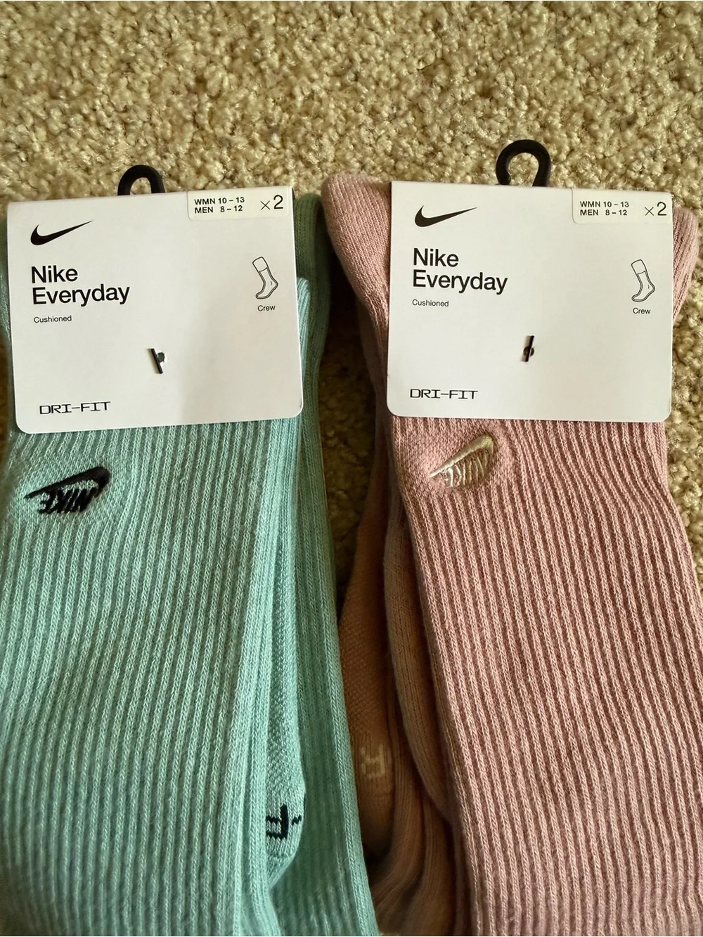 Nike Everyday Cushioned Crew Socks — Mint Green & Blush Pink (2-Pack)